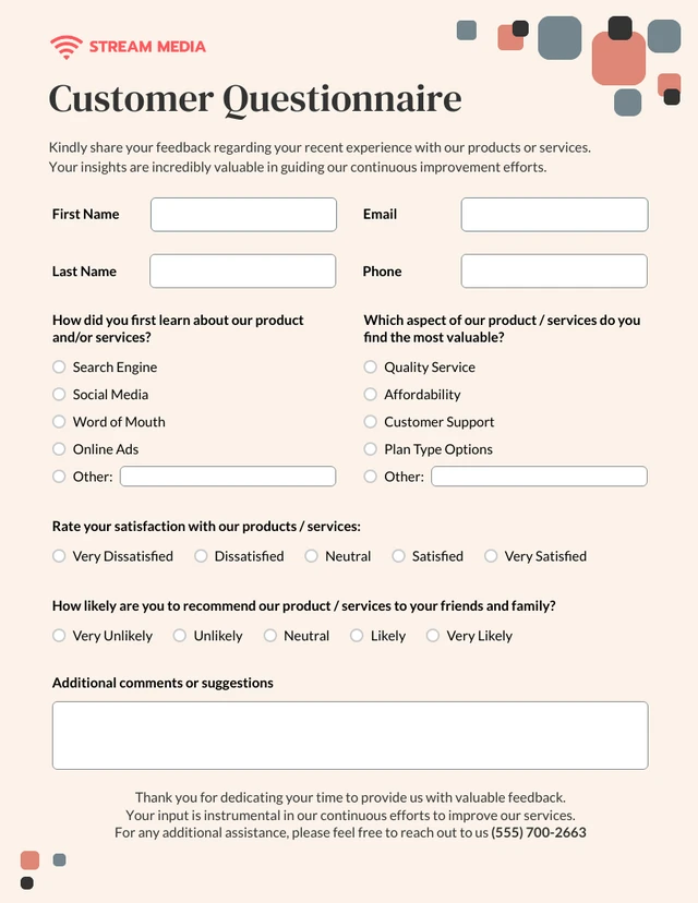 Soft Red and Cream Simple Questionnaire Form Template