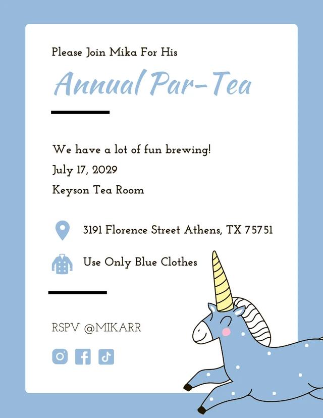 Blue And White Simple Modern Aesthetic Unicorn Tea Party Invitation Template