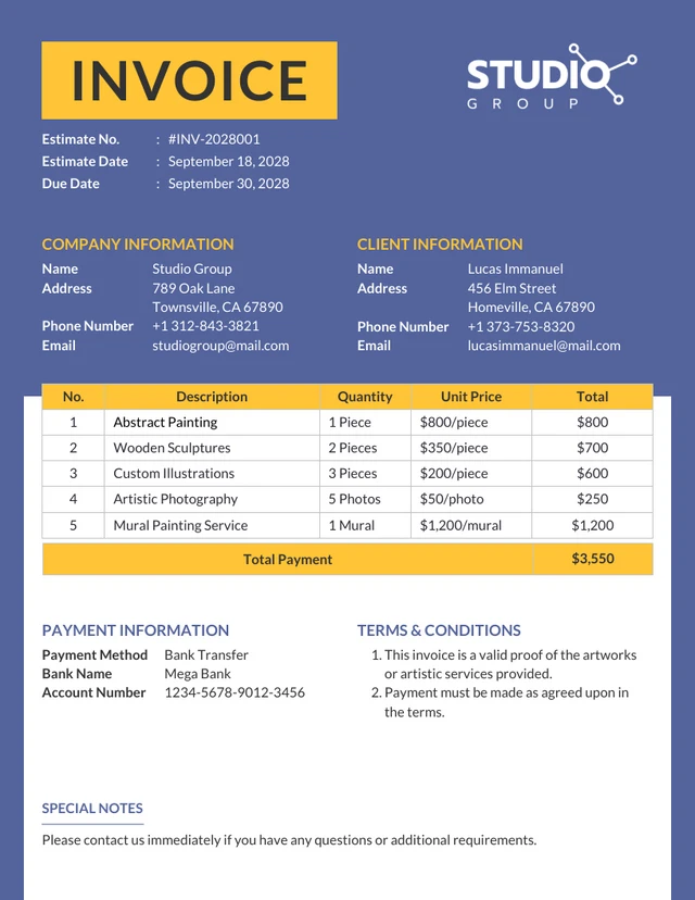 Simple Purple and Yellow Artist Invoice Template