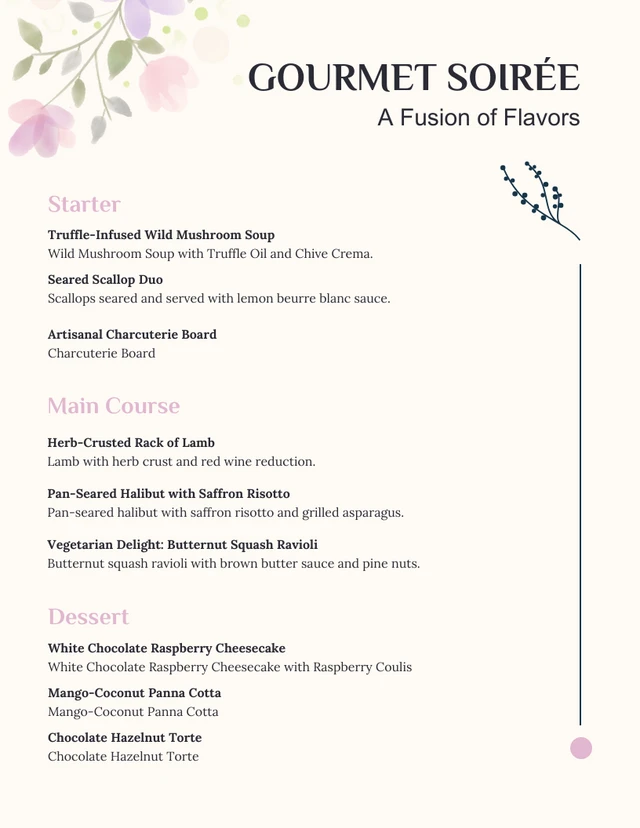 Cream Modern Floral Wedding Menu Template