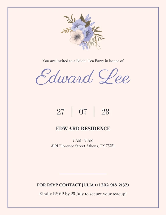 Minimalist Beige And Blue Bridal Tea Invitation Template