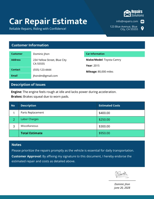 Car Repair Estimate Template