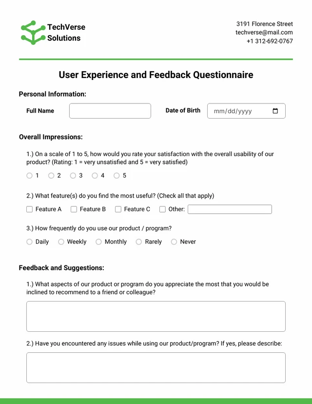 Modern Minimalist Green Questionnaire Form Template