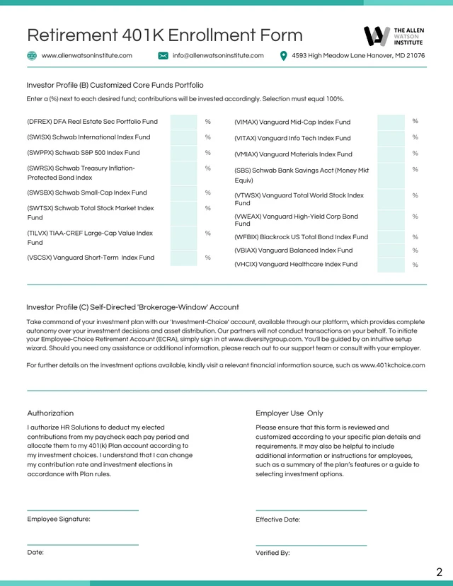 Retirement 401K Enrollment Form - Page 2