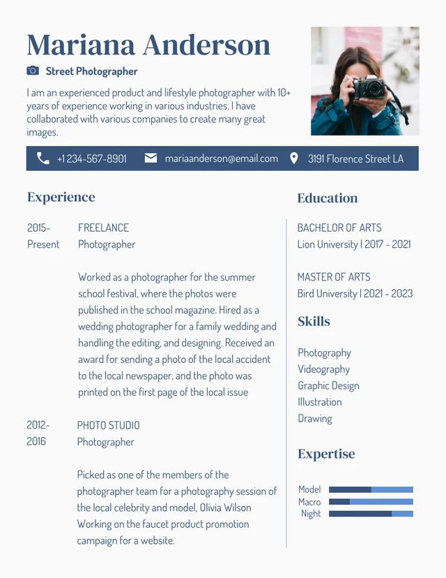 Blue And White Simple Elegant Street Photographer Resume Template
