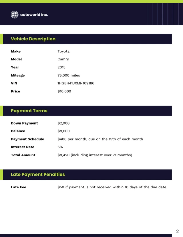 Used Car Payment Contract Template - Page 2