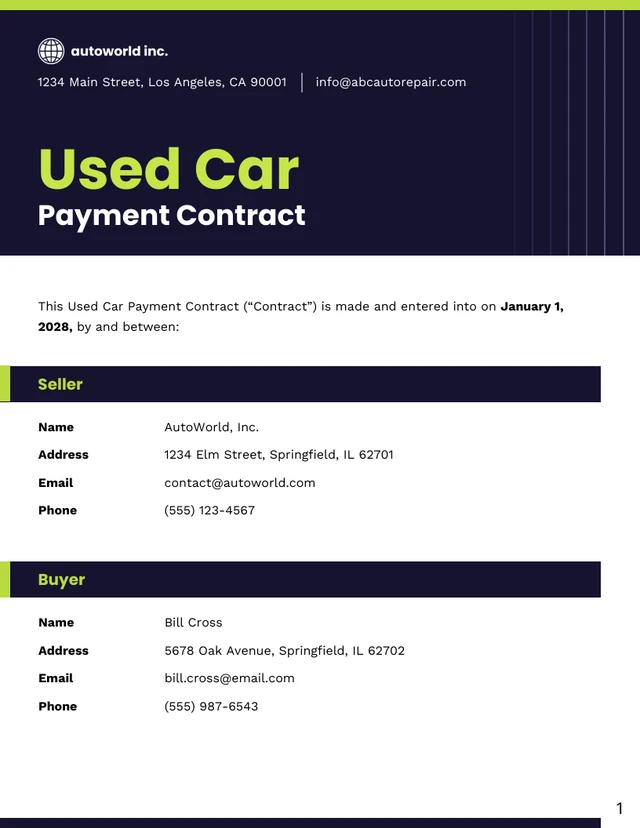 Used Car Payment Contract Template - Page 1