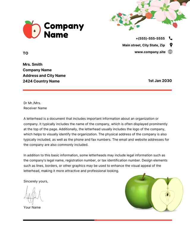 White Aesthetic Illustration Apple Theme Letterhead Template
