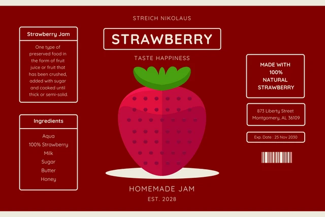 Red Minimalist Illustration Strawberry Jam Jar Label Template