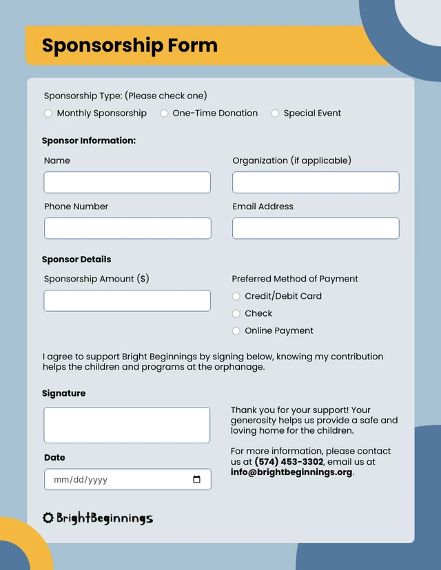 Blue and Yellow Sponsorship Form Template