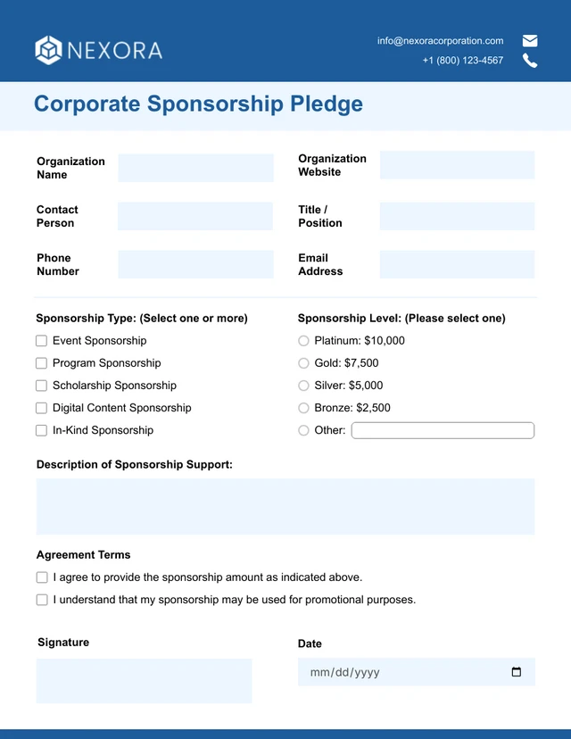 Simple Blue Sponsor Form Template