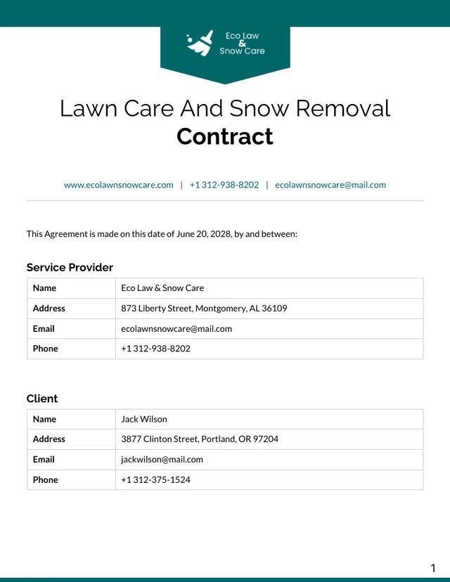 Lawn Care And Snow Removal Contract Template - Page 1