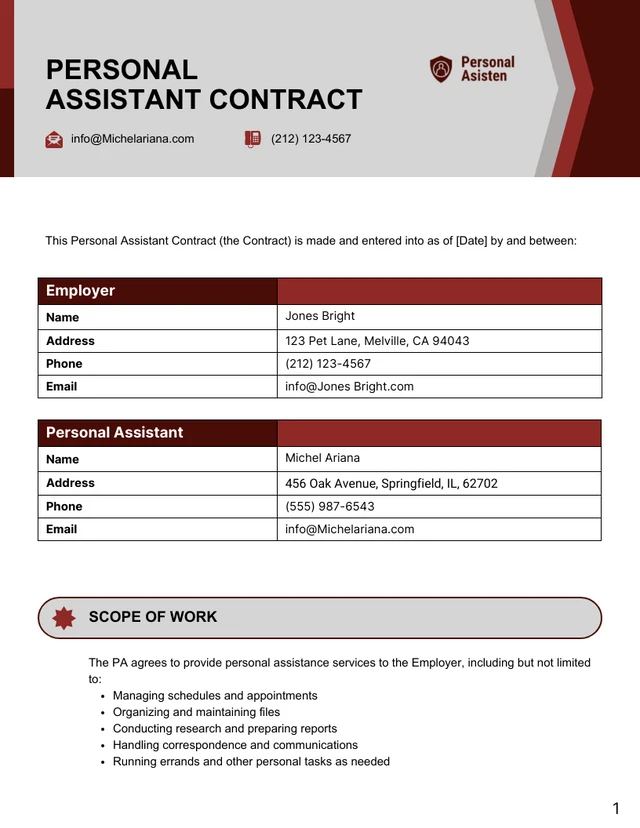 Personal Assistant Contract Template - Page 1