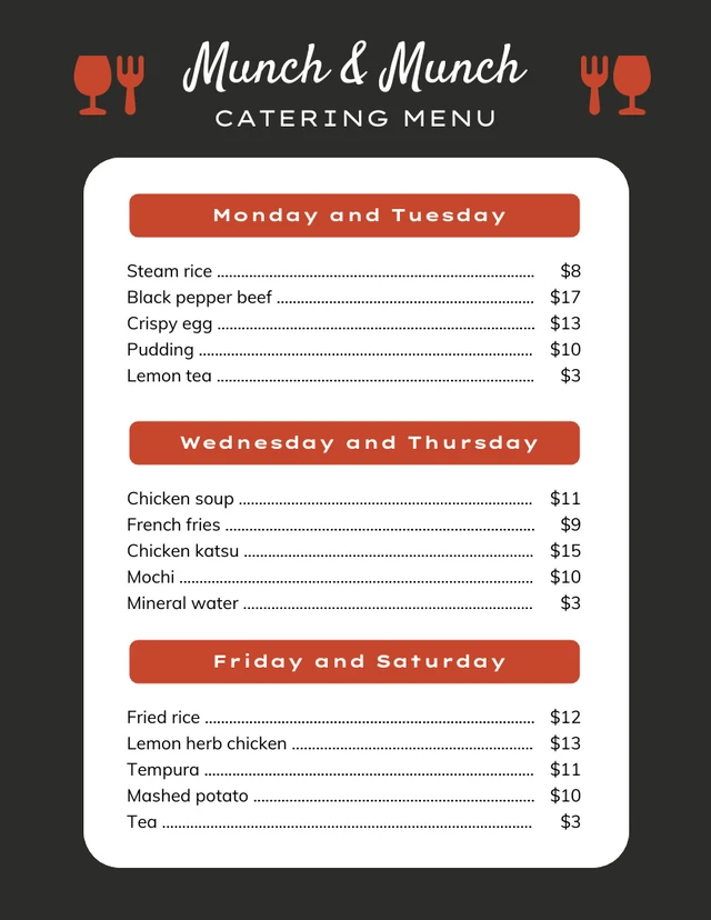 Simple Black And White Modern Catering Menu Template