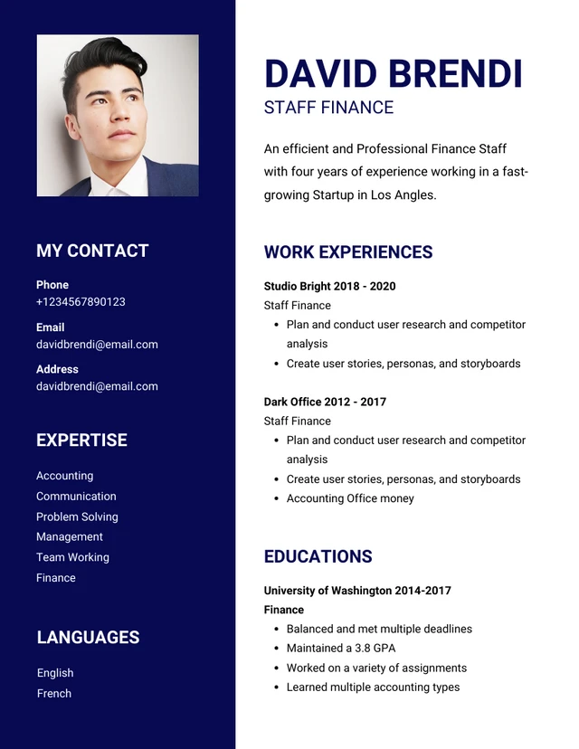 Navy And White Minimalist Professional Finance Resume Template
