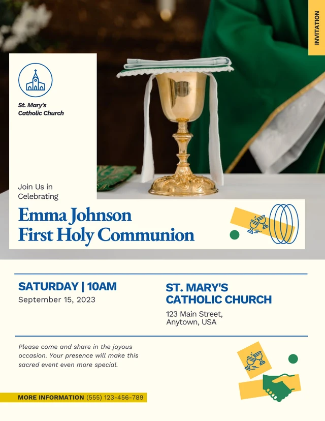 Simple White Yellow First Holy Communion Invitation Template