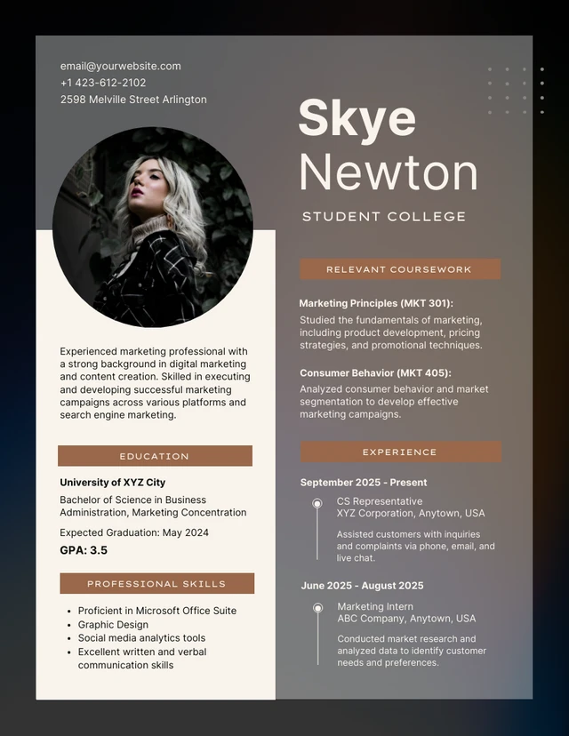 Dark Blur Background Student College Resume Template
