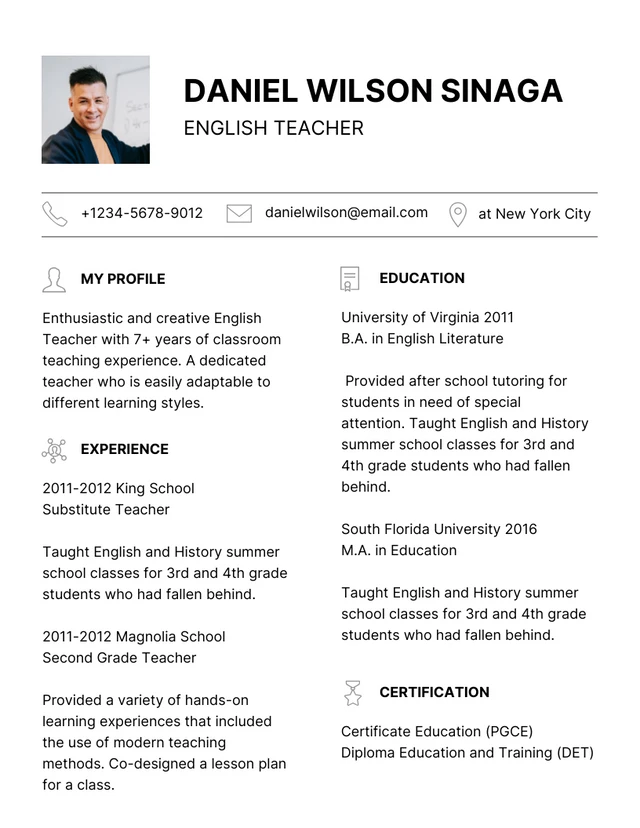 Black And White Clean Elegant English Teacher Resume Template
