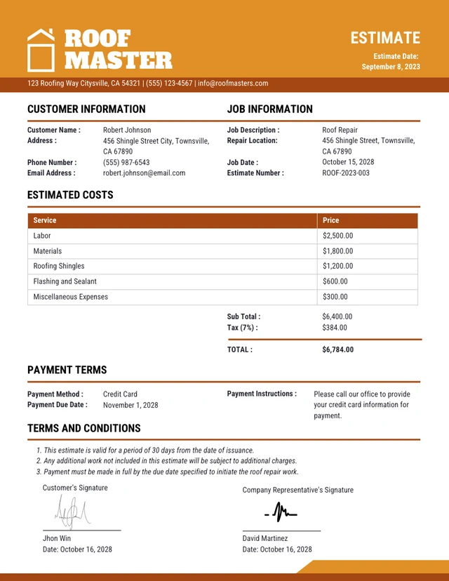 Simple Orange and Brown Roof Estimate Template