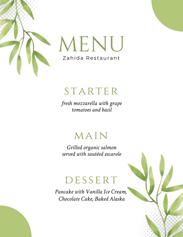 White And Green Simple Elegant Restaurant Menu Template