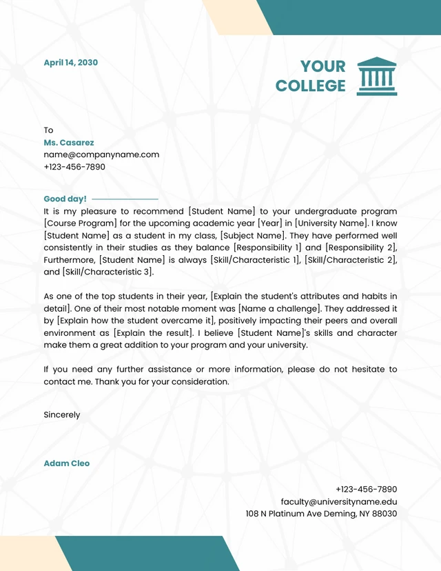 White Teal Modern Abstract Texture Professional College Letterhead
