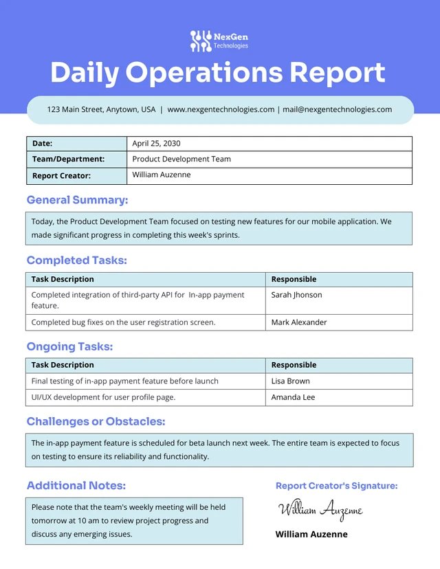 Daily Operations Report Template