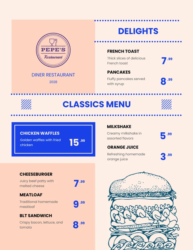 Modern Peach and Blue Diner Menus Template