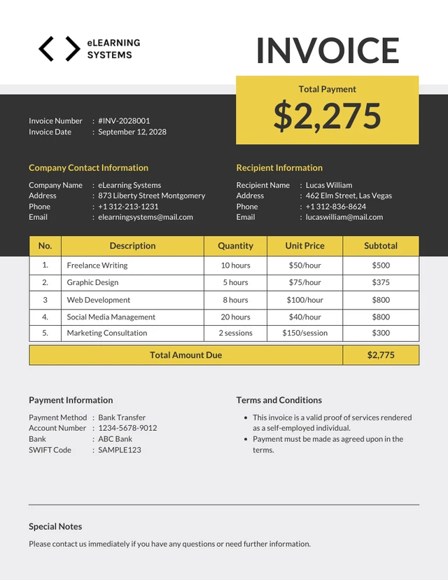 Yellow Minimalist Self-employed Invoice Template