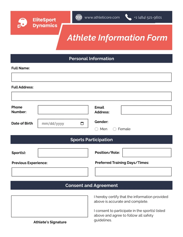 Athlete Information Form Template