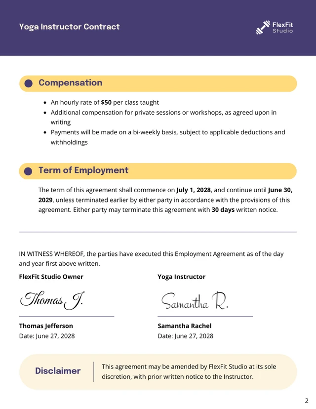 Yoga Instructor Contract Template - Page 2