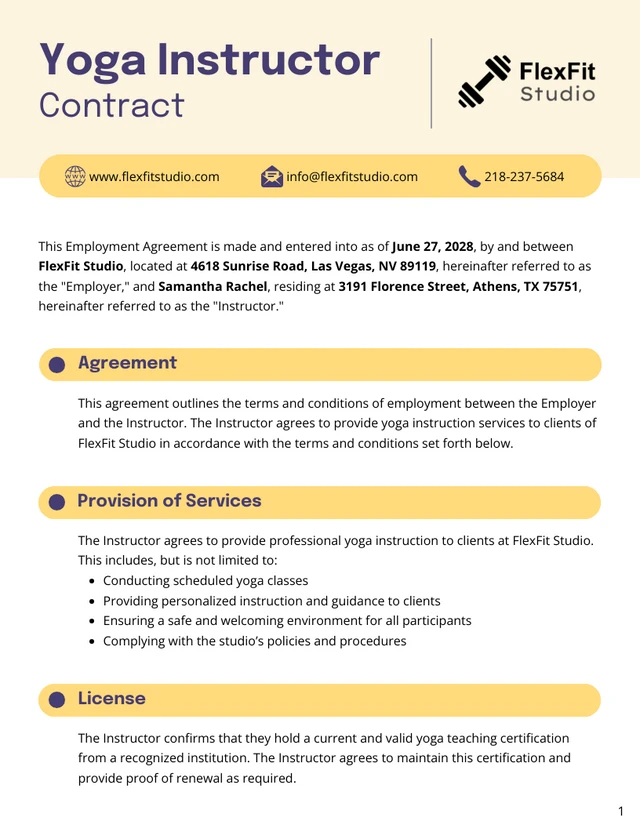 Yoga Instructor Contract Template - Page 1