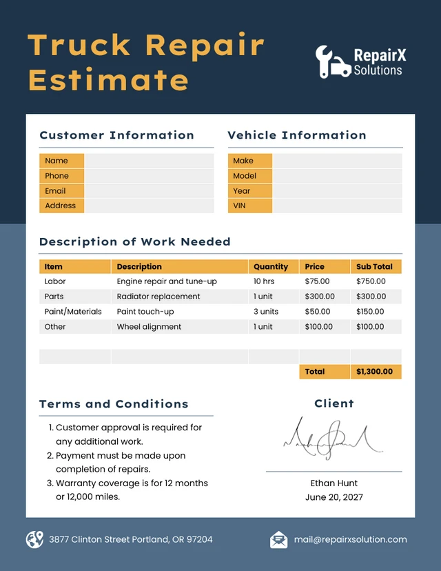 Truck Repair Estimate Template