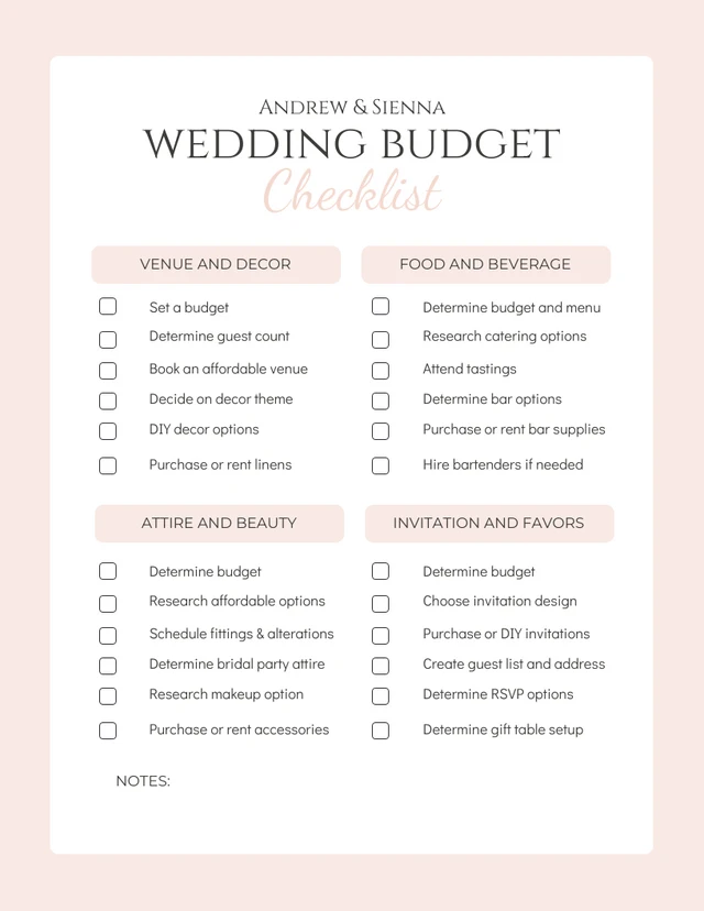 Pink Peach Minimalist Wedding Budget Checklist