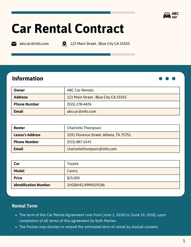 Car Rental Contract Template - Page 1