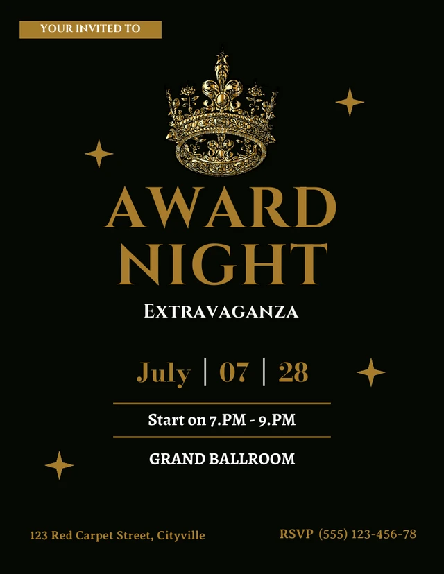 Simple Dark Gold Award Night Invitation Template