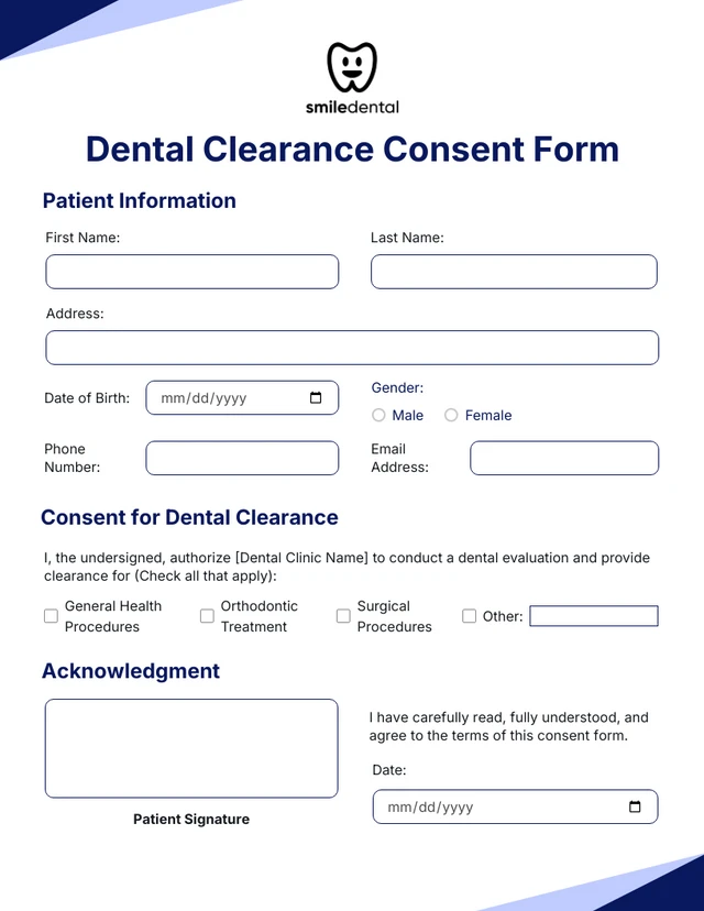 Clean Minimalist Dental Clearance Consent Form Template