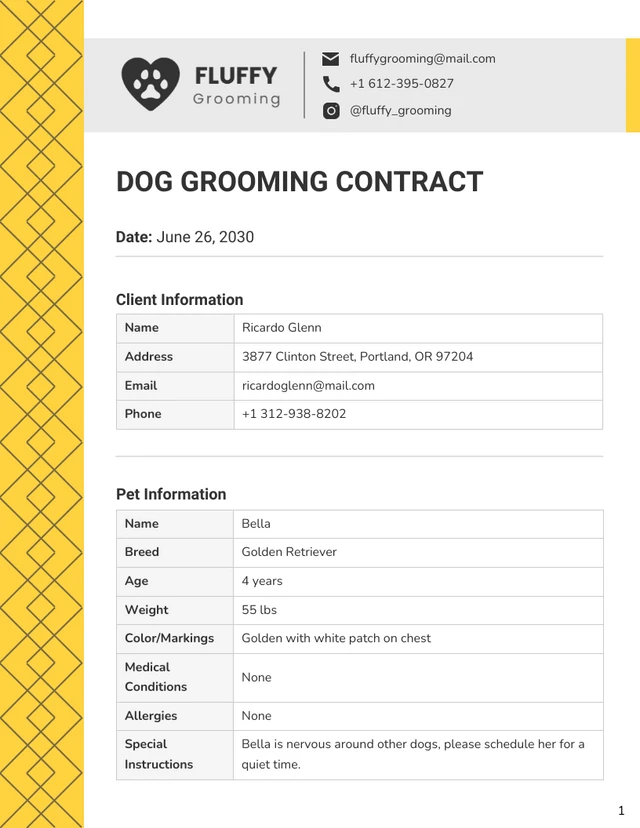 Dog Grooming Contract Template - Page 1