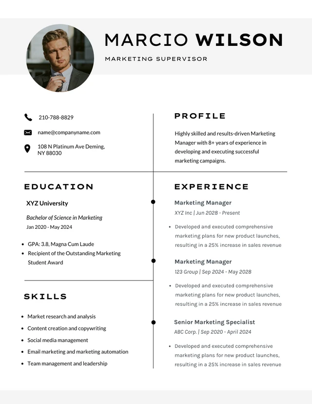 Black and White Simple Marketing Resume Template
