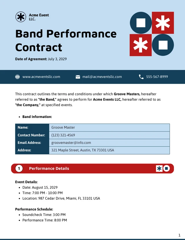 Band Performance Contract Template - Page 1