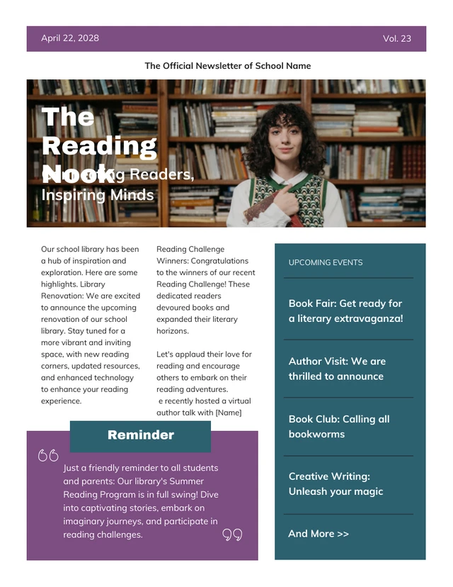 Modern Purple Emerald Green School Newsletter Template