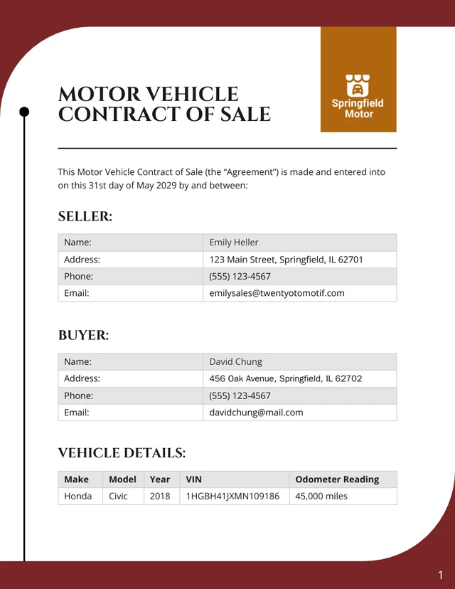 Motor Vehicle Contract of Sale Template - Page 1