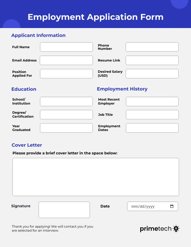 Professional Blue and Grey Application Forms Template