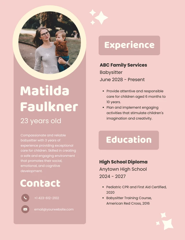 Pink Colour Babysitter Resume Template