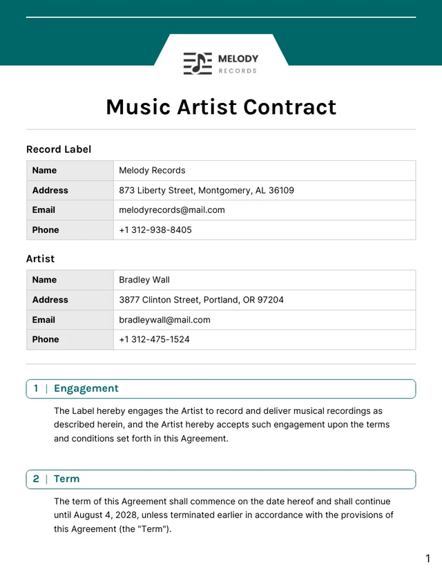 Music Artist Contract Template - Page 1