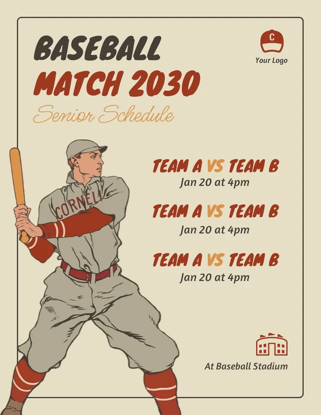 Beige Retro Baseball Match Sport Schedule Template