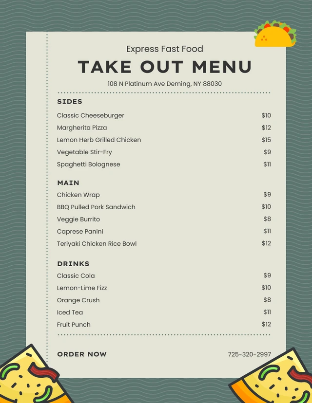 Green and cream simple receipt style take out menu Template