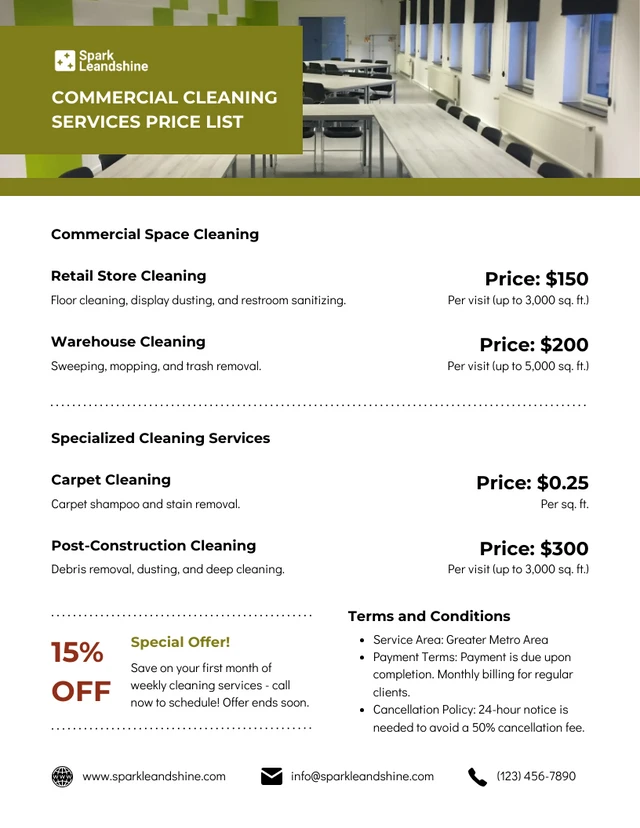 Commercial Cleaning Services Price List Template