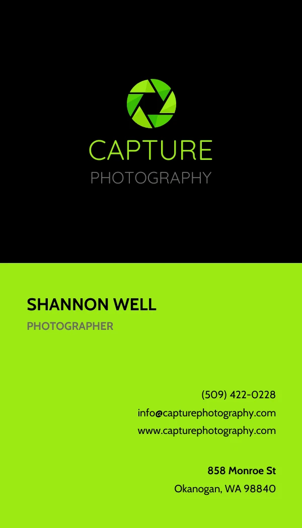 Neon Green Photographer Business Card - Page 1