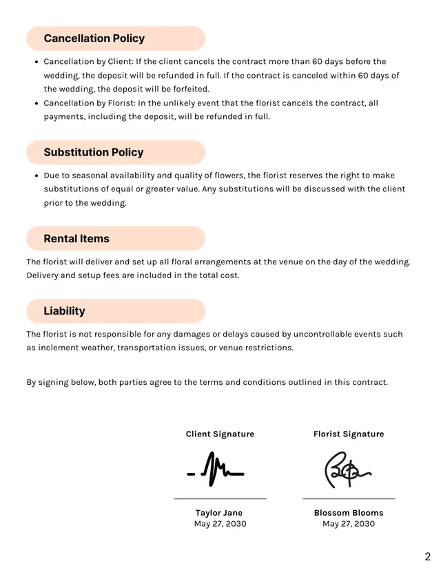 Wedding Florist Contract Template - Page 2