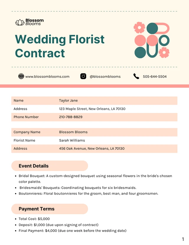 Wedding Florist Contract Template - Page 1